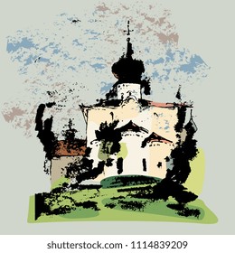 Isolated vector illustration of ancient Russian temple. Church of the Assumption with Ferry (Paromenskaya) in Pskov. Based on hand drawn painting.