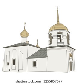 Isolated vector illustration. Ancient Russian Orthodox temple. Church of Alexius of Rome from Field in Pskov. Cartoon style.