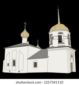 Isolated vector illustration. Ancient Russian Orthodox temple. Church of Alexius of Rome from Field in Pskov. Cartoon style. On black background.