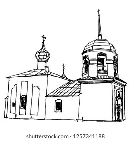 Isolated vector illustration. Ancient Russian Orthodox temple. Church of Alexius of Rome from Field in Pskov. Hand drawn linear sketch. Black silhouette on white background.