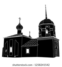 Isolated vector illustration. Ancient Russian Orthodox temple. Church of Alexius of Rome from Field in Pskov. Black and white silhouette. Cartoon style.