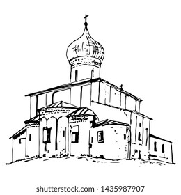Isolated vector illustration. Ancient Russian temple. Orthodox Church of Saint Basil on the Hill in Pskov. Hand drawn ink sketch. Black silhouette on white background.
