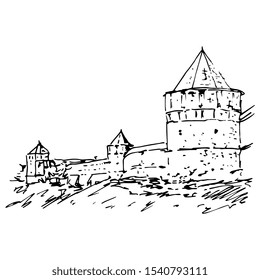 Isolated vector illustration. Ancient Russian monastery in Suzdal. Medieval fortress with towers. Hand drawn linear ink sketch. Black and white silhouette.