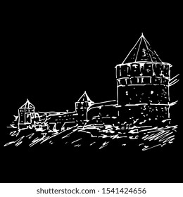 Isolated vector illustration. Ancient Russian monastery in Suzdal. Medieval fortress with towers. Hand drawn linear sketch. White silhouette on black background.