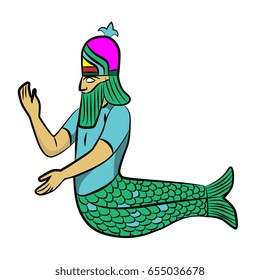 Isolated vector illustration of an ancient Sumerian merman deity Dagon. Mythology and folklore. Cartoon style.