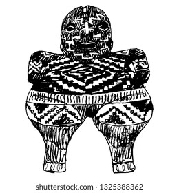 Isolated vector illustration. Ancient tribal female figurine. Mexican Venus from Chupicuaro. Pre Columbian art. Musee du quai Branly in Paris. Hand drawn sketch. Black silhouette on white.