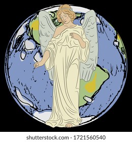 Isolated vector illustration. Angel standing in front of planet Earth. Creative concept.