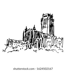 Isolated vector illustration. The Anglican Cathedral in Liverpool, England. Hand drawn linear doodle ink sketch. Black silhouette on white background.