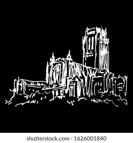 Isolated vector illustration. The Anglican Cathedral in Liverpool, England. Hand drawn linear doodle ink sketch. White silhouette on black background.