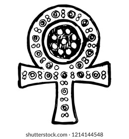 Isolated vector illustration. Ankh cross. Ancient Egyptian symbol of life force. Based on ethnic Coptic motif. Hand drawn doodle sketch. Black silhouette on white background.