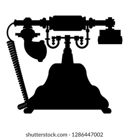 Isolated vector illustration. Antique corded rotary telephone. Vintage Victorian style. Black silhouette on white background.