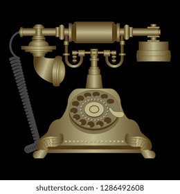 Isolated vector illustration. Antique corded rotary telephone. Vintage Victorian style. On black background.
