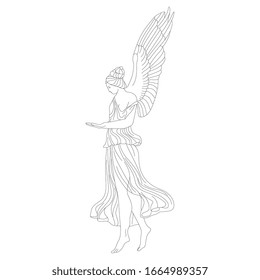 Isolated vector illustration. Antique vintage angel. Ancient Greek or Roman winged goddess. Black and white linear silhouette. Nike or Hebe.