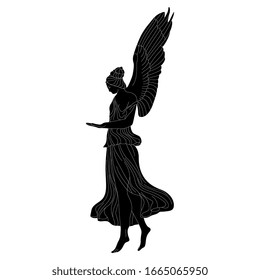 Isolated vector illustration. Antique vintage angel. Ancient Greek or Roman winged goddess. Black and white silhouette. Nike or Hebe.