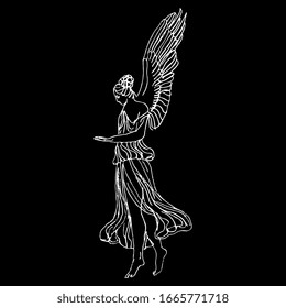 Isolated vector illustration. Antique vintage angel. Ancient Greek or Roman winged goddess. Nike or Hebe. Hand drawn linear doodle ink sketch. White silhouette on black background.