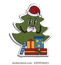 Isolated vector illustration. Antropomorphic Christmas tree in retro cartoon style. Sticker, greeting card, tag, print.