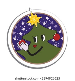 Isolated vector illustration. Antropomorphic Christmas tree in retro cartoon style. Sticker, greeting card, tag, print.