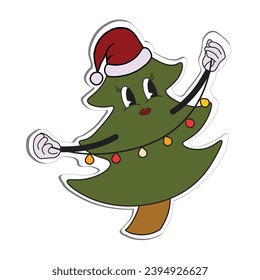 Isolated vector illustration. Antropomorphic Christmas tree in retro cartoon style. Sticker, greeting card, tag, print.