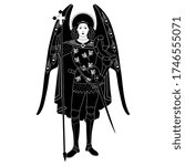 Isolated vector illustration. Archangel Michael. Winged Christian angel saint warrior guardian. Black and white silhouette. Vintage style.