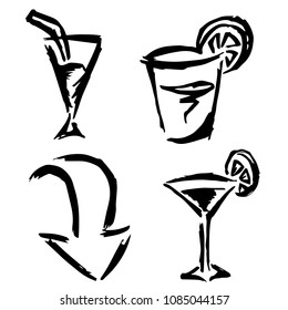 Isolated Vector Illustration of Arrow and Drinks Alcohol Cocktails. Outline, Silhouette, Flat, Icon, Sign, Logo, Symbol, Object, Graphic Design, Background, Element, Illustration for Print.