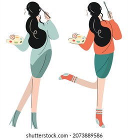 Isolated vector illustration of artist with paintbrush and palette. Cute creative girl is painting and dancing at home. Flat cartoon style brunette freelancer. The concept of working human professions