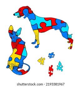 Isolated vector illustration autism, therapy, AВA. Illustration of dog and cat in puzzles as a blank for designers, logo, icon, social therapy. World Autism Awareness Day. 2 April. Autism symbol. Flat