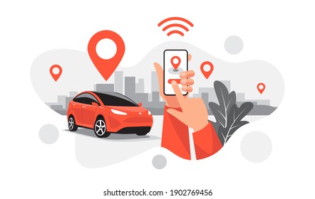 Isolated vector illustration of autonomous parking online ride car sharing service connected via smartphone app. Hands with phone location mark of smart share electric auto in modern city skyline.