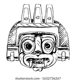 Isolated vector illustration. Aztec mask of god of rain Tlaloc. Pre-Columbian Native American Mexican art. Hand drawn linear doodle ink sketch. Black silhouette on white background.