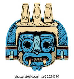 Isolated vector illustration. Aztec mask of god of rain Tlaloc. Pre-Columbian Native American Mexican art. Hand drawn rough colorful sketch.