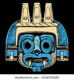 Isolated vector illustration. Aztec mask of god of rain Tlaloc. Pre-Columbian Native American Mexican art. Hand drawn rough colorful sketch.