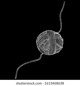 Isolated vector illustration. Ball of yarn. Thread of Ariadne. Hand drawn linear sketch. White silhouette on black background.