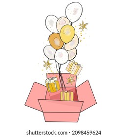 Ilustración vectorial aislada de globos fuera de la caja. Regalos, globos, caramelos para imprimir, en blanco para el diseñador, logotipo, icono, postal