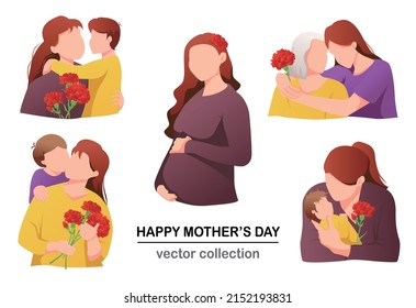 Ilustración vectorial aislada de carteles con mamá y niños de diferentes edades. mujer embarazada. Maternidad, paternidad, niñez, concepto de la familia del día de la madre feliz.