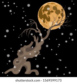 Isolated vector illustration. Bare deciduous tree in night under full moon and snowflakes.