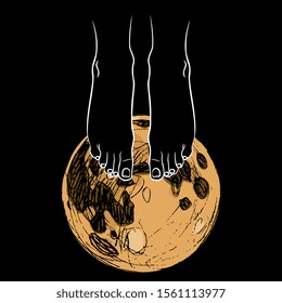 
Isolated vector illustration. Bare female feet standing on full moon. Abstract concept for feminine power. 