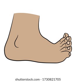 Isolated vector illustration. Bare human foot with funny toes. Cartoon style.