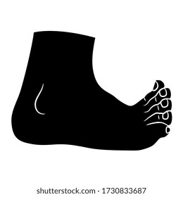 Isolated vector illustration. Bare human foot with funny toes. Black and white silhouette.