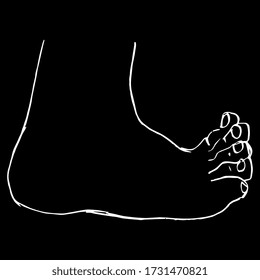 Isolated vector illustration. Bare human foot with funny toes. Hand drawn linear doodle sketch. White silhouette on black background.