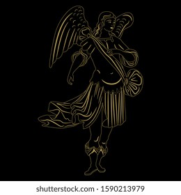Isolated vector illustration. Baroque angel. Winged male character. Gold silhouette on black background.