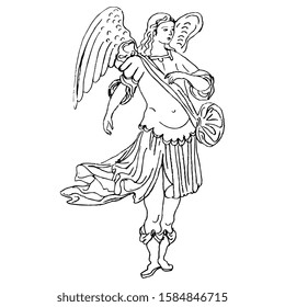 Isolated vector illustration. Baroque warrior angel. Winged male character. Hand drawn linear ink sketch. Black silhouette on white background.