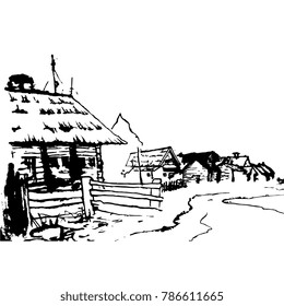 Isolated vector illustration based on hand drawn sketch. View of ancient Russian town Kargopol.