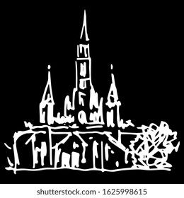 Isolated vector illustration. Basilica at Lourdes. Christian Catholic church in France. Place of pilgrimage. Hand drawn linear doodle ink sketch. White silhouette on black background.
