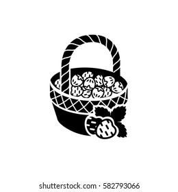 Isolated vector illustration of basketful of wild strawberry and nuts. Perfect logo for natural chocolate, healthy food shop 
