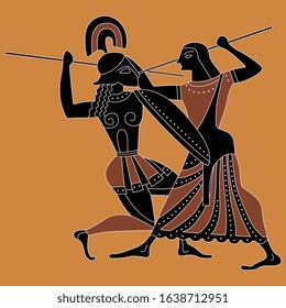 Isolated vector illustration. Battle between ancient Greek man and woman. Vase painting motif. Goddess Athena or Amazon fighting male warrior.
