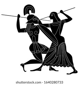 Isolated Vector Illustration. Battle Between Ancient Greek Man And Woman. Vase Painting Motif. Goddess Athena Or Amazon Fighting Male Warrior. Black And White Linear Silhouette.