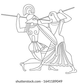 Isolated vector illustration. Battle between ancient Greek man and woman. Vase painting motif. Goddess Athena or Amazon fighting male warrior. Black and white linear silhouette.