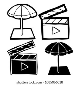 Isolated Vector Illustration of Beach Umbrella, Film Movie Play. Outline, Silhouette, Flat, Icon, Sign, Logo, Symbol, Object, Graphic Design, Background, Element, Illustration for Print.