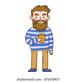 Isolated vector illustration - bearded man in a striped shirt holds a beverage