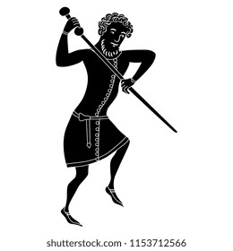 Isolated vector illustration. Bearded medieval man with a stick or weapon. Based on ancient Gothic motif. Black and white linear silhouette.