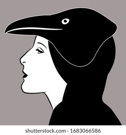 
Isolated vector illustration. Beautiful brunette girl in raven mask. Totem bird. Monochrome silhouette.